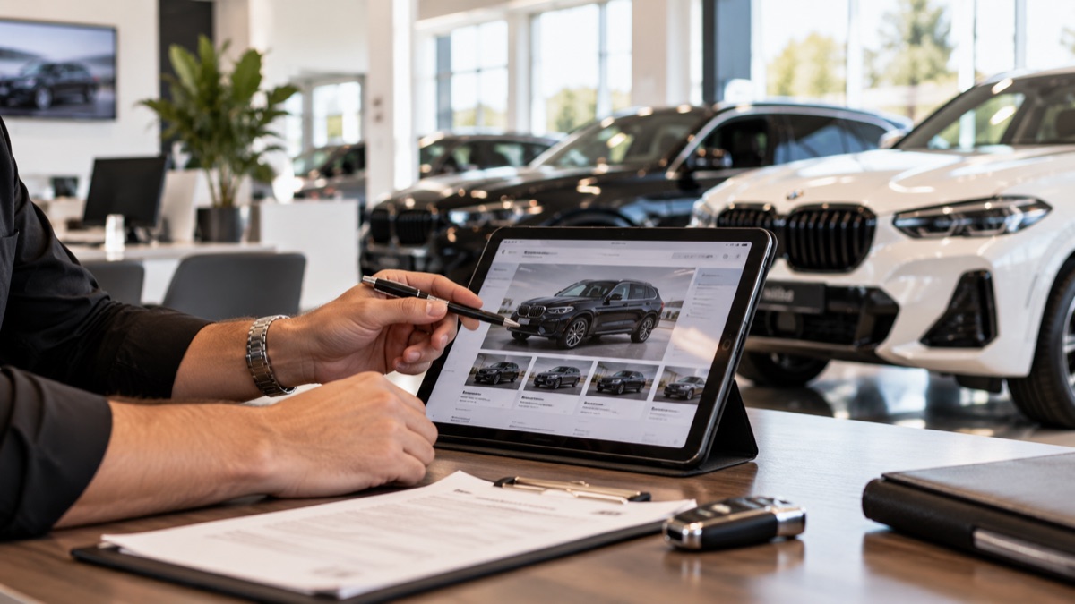 Auto dealer helping a customer choose a vehicle